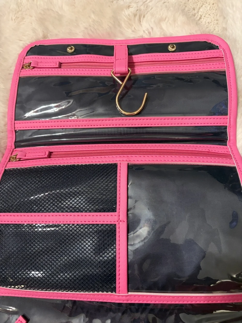 Dabney Lee Diagonal Multicolor Stripe Travel Makeup Case with Pink Trim